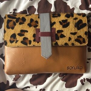 Soruka Leopard Print and Tan Clutch